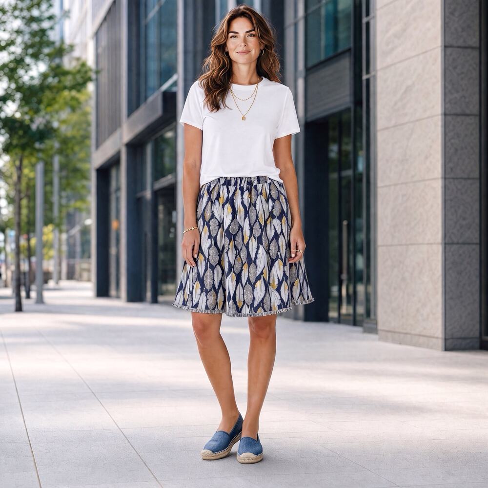 NWT Skies are Blue Print Skirt Elastic Waist Navy White Gold Lined Fringe Hem